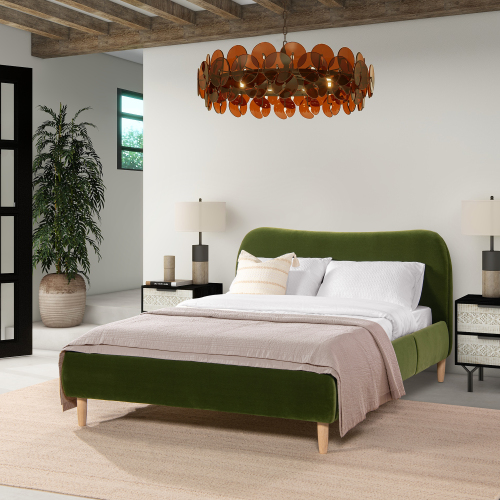 Roman Curved Headboard Upholstered Platform Bed, Queen, Olive Green Performance Velvet - Foam - Box Spring Not Required - Wood