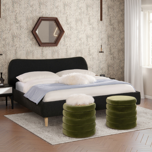 Roman Curved Headboard Upholstered Platform Bed, King, Ebony Black Boucle - Foam - Box Spring Not Required - Wood