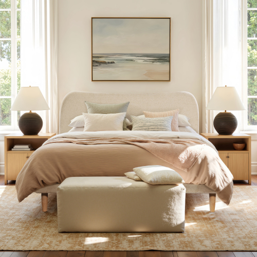 Roman Curved Headboard Upholstered Platform Bed, Queen, Oatmeal Light Beige Chenille - Foam - Not Specified - Not Specified - Not Specified - Not Specified - Not Specified