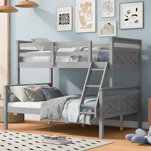 Twin over Full Bunk Bed with ladder, Safety Guardrail, Perfect for Bedroom, Gray - Pine - Box Spring Not Required - Wood - Pine - Not Specified