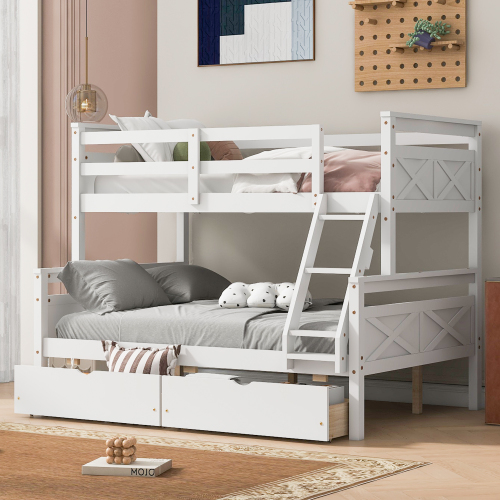 Twin over Full Bunk Bed with Ladder, Two Storage Drawers, Safety Guardrail, White - Pine - Bedroom - Bed Frame - Box Spring Not Required - Wood - Pine - Not Specified