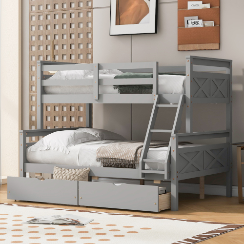 Twin over Full Bunk Bed with Ladder, Two Storage Drawers, Safety Guardrail, Gray - Pine - Bedroom - Box Spring Not Required - Wood - Pine - Not Specified