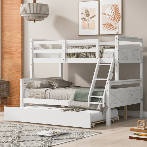 Twin over Full Bunk Bed with Ladder, Twin Size Trundle, Safety Guardrail, White - Pine - Bedroom - Box Spring Not Required - Wood - Pine