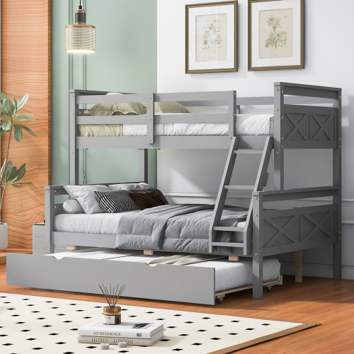 Twin over Full Bunk Bed with Ladder, Twin Size Trundle, Safety Guardrail, Gray - Pine - Bedroom - Box Spring Not Required - Wood - Pine