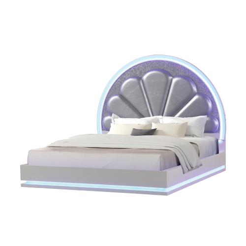 Queen Size LED Bed Made with Wood in Milky White - Solid Wood+MDF - Contemporary,Modern - Bedroom - Slat Beds - Box Spring Not Required