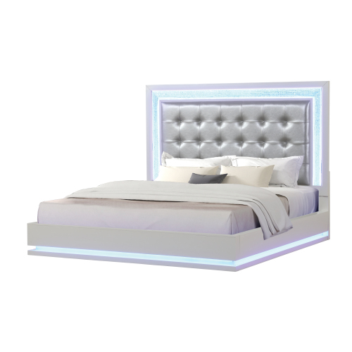 LED Queen Bed Made with Wood in Milky White - Solid Wood+MDF - Contemporary,Modern - Bedroom - Slat Beds - Box Spring Not Required - Acacia - Velvet