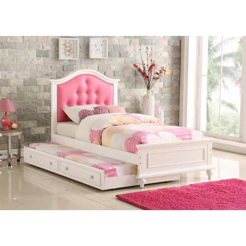Contemporary Style Twin Size Bed w/ Trundle Slats Pine Plywood Kids Youth Bedroom Furniture Pink Faux Leather Tufted HB - Pink,White - Modern,Transitional - Rubberwood - Not Specified - White - Not Specified - Not Specified - Not Specified - Not Specified - Not Specified - Not Specified - Not Specified - Not Specified - Not Specified - Not Specified