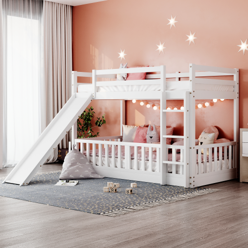 Twin Over Twin Bunk Bed with Slide and Ladder, White(Old SKU:LP000009AAK) - Solid Wood - Solid Wood