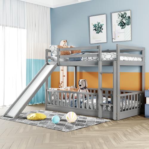 Twin Over Twin Bunk Bed with Slide and Ladder, Gray(Old SKU:LP000009AAE) - Solid Wood - Solid Wood