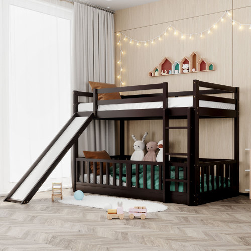 Twin Over Twin Bunk Bed with Slide and Ladder, Espresso(Old SKU:LP000009AAP) - Solid Wood - Not Specified