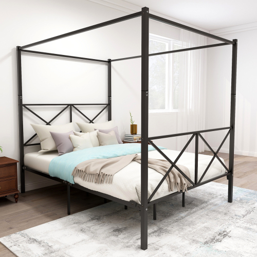 Metal Canopy Bed Frame, Platform Bed Frame Queen with X Shaped Frame Queen Black - Bedroom - Box Spring Not Required - Queen Size - Not Specified - Not Specified