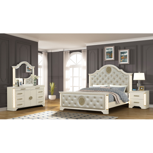 jasmine Queen 4 Pc Unique LED Bedroom Set made with Wood in Beige - Solid Wood+MDF - Contemporary,Modern - Bed Included,Dresser Included,Mirror Included,Nightstand Included - Box Spring Required - Acacia - Polyester - 4 Piece Set - Tufted - Not Specified - Not Specified