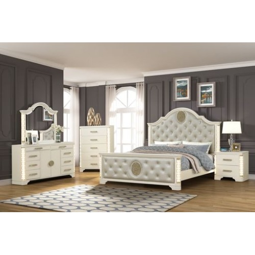 JASMINE Queen 5 Pc Unique LED Bedroom Set made with Wood in Beige - Solid Wood+MDF - Contemporary,Modern - Bed Included,Chest Included,Dresser Included,Mirror Included,Nightstand Included - Box Spring Required - Acacia - Polyester - 5 Piece Set - Tufted - Not Specified - Not Specified