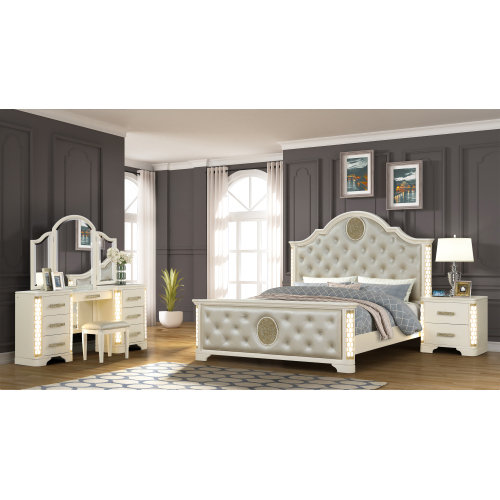JASMINE Queen 4 Pc Unique LED Vanity Bedroom Set made with Wood in Beige - Solid Wood+MDF - Modern - Not Specified - Box Spring Required - Acacia - Velvet - 4 Piece Set - Tufted - Not Specified - Not Specified