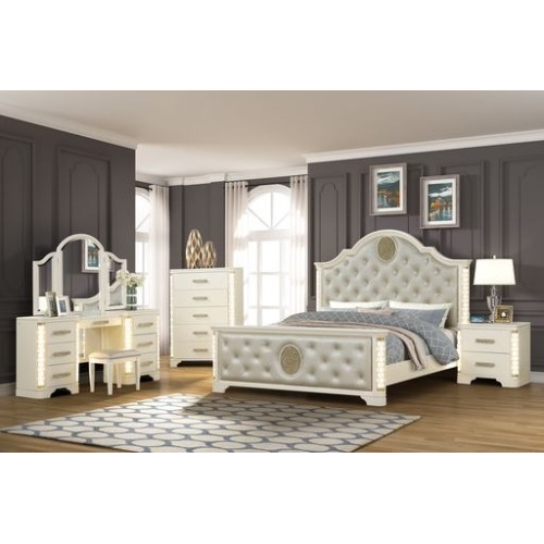 JASMINE Queen 5 Pc Unique LED Vanity Bedroom Set made with Wood in Beige - Solid Wood+MDF - Contemporary,Modern - Not Specified - Box Spring Required - Acacia - Polyester - 5 Piece Set - Tufted - Not Specified - Not Specified