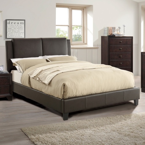 California King Size Bed 1pc Bed Set Brown Faux Leather Upholstered Two-Panel Bed Frame Headboard Bedroom Furniture - Particle Board - Modern - Box Spring Not Required - Pine - Wood - Particle Board