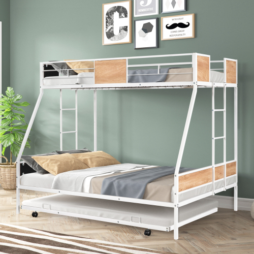 Metal Twin over Full Bunk Bed with Trundle/ Heavy-duty Sturdy Metal/ Noise Reduced/ Safety Guardrail/ Wooden Decoration/ Convenient Trundle / Bunk Bed for Three/ CPC Certified/ No Box Spring Needed - White