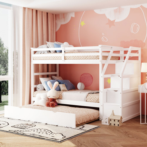 Twin-Over-Twin Bunk Bed with Twin Size Trundle and 3 Storage Stairs,White(OLD SKU :LP000064AAK) - Solid Wood - Solid Wood