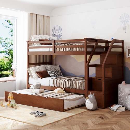 Twin-Over-Twin Bunk Bed with Twin Size Trundle and 3 Storage Stairs,Walnut (OLD SKU :LP000064AAD) - Solid Wood - Solid Wood