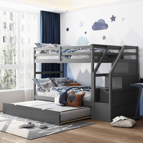 Twin-Over-Twin Bunk Bed with Twin Size Trundle and 3 Storage Stairs,Gray (OLD SKU :LP000064AAE) - Solid Wood - Solid Wood