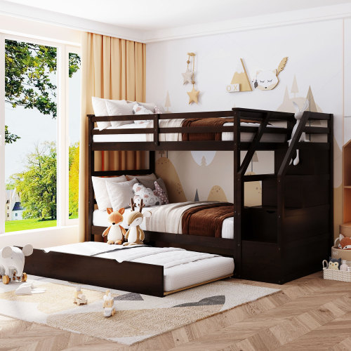 Twin-Over-Twin Bunk Bed with Twin Size Trundle and 3 Storage Stairs,Espresso (OLD SKU :LP000064AAP) - Solid Wood - Not Specified