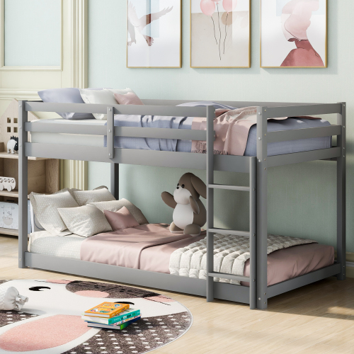 Twin over Twin Floor Bunk Bed with Ladder , Gray (Old SKU:WF281727AAE/WF286602AAE) - Pine - Pine - Bedroom - Box Spring Not Required - Wood