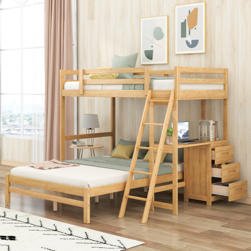 Twin over Full Bunk Bed with Built-in Desk and Three Drawers, Natural (old sku: SM000709AAD) - Pine - Pine - Not Specified - Not Specified