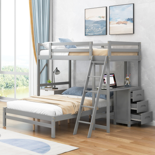 Twin over Full Bunk Bed with Built-in Desk and Three Drawers, Grey - Pine - Not Specified - Pine - Not Specified - Not Specified - Not Specified