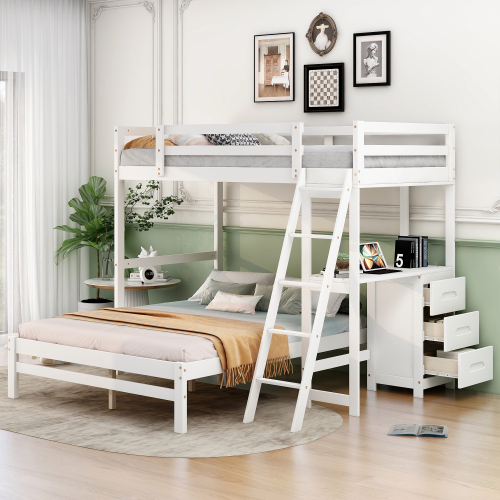 Twin over Full Bunk Bed with Built-in Desk and Three Drawers, White - Pine - Not Specified - Box Spring Not Required - Pine - Not Specified - Box Spring Not Required - Wood
