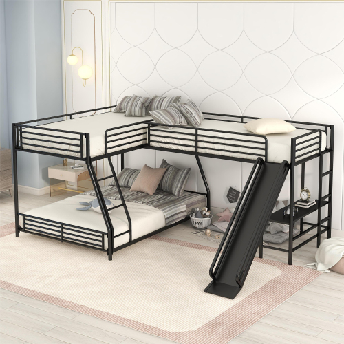L-Shaped Twin over Full Bunk Bed with Twin Size Loft Bed,Built-in Desk and Slide,Black - Metal - Metal