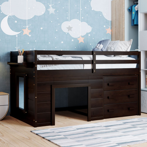 Twin Size Loft Bed with Cabinet and Shelf - Espresso (OLD SKU:LP001501AAP) - Solid Wood