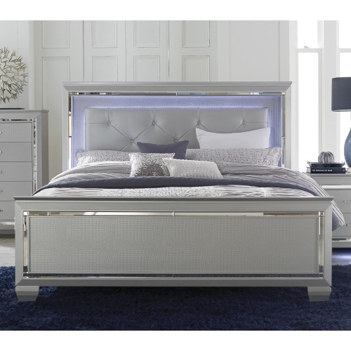 Silver Finish Upholstered Button-Tufted 1pc Queen Size Bed LED Headboard Faux Alligator Embossed Textural Panels Wooden Bed - Glam,Modern - Not Specified - Bedroom - Not Specified - Not Specified - Not Specified