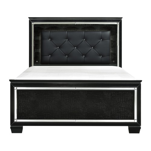 Black Finish Upholstered Button-Tufted 1pc Queen Size Bed LED Headboard Faux Alligator Embossed Textural Panels Wooden Bed - Glam,Modern - Not Specified - Bedroom - Not Specified - Not Specified - Not Specified