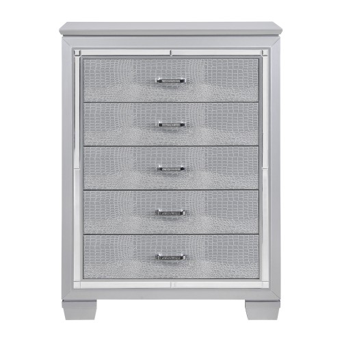 Glamourous Silver Finish 1pc Chest of 5x Dovetail Drawers Faux Alligator Embossed Fronts Bedroom Furniture - Wood - Glam,Modern - Not Specified - Wood - Not Specified - Not Specified - Not Specified - Not Specified