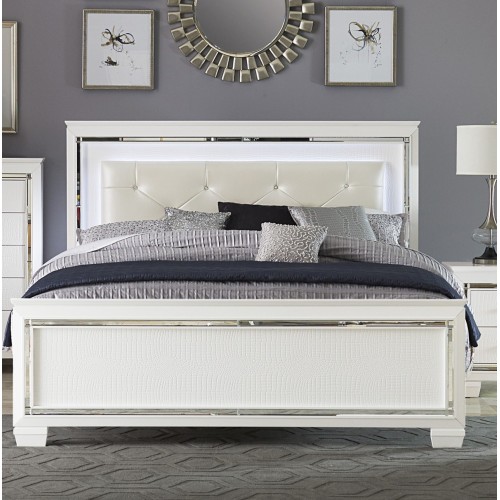 Glamorous Design Bedroom Furniture 1pc Queen Bed Button-Tufted LED Headboard White Finish Faux Alligator Embossed Textured Panels Bed - Wood - Glam,Modern - Not Specified - Wood - Not Specified - Not Specified - Not Specified