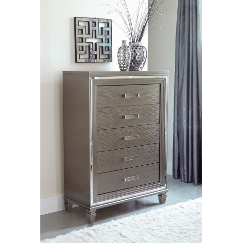 Silver Gray Metallic Finish Glam Style Storage Chest of 5 Drawers Wooden 1pc Modern Bedroom Furniture Acrylic Hardware Beveled Mirror Trim - Silver+Grey - Glam,Modern - Not Specified - Grey - Not Specified - Not Specified - Not Specified