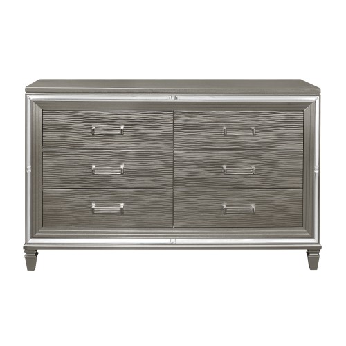 Silver Gray Metallic Finish Glam Style Dresser of 6 Drawers Wooden 1pc Modern Bedroom Furniture Acrylic Hardware Beveled Mirror Trim - Silver+Grey - Glam,Modern - Not Specified - Grey - Not Specified - Not Specified - Not Specified