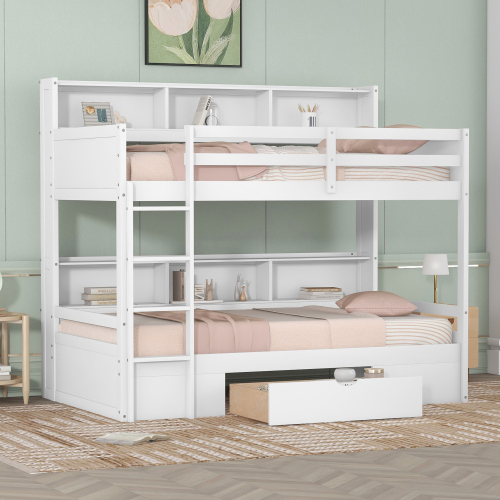 Twin Size Bunk Bed with Built-in Shelves Beside both Upper and Down Bed and Storage Drawer, White - Pine - Pine - Not Specified - Not Specified - Not Specified - Not Specified - Not Specified