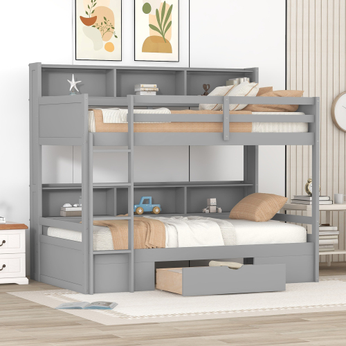 Twin Size Bunk Bed with Built-in Shelves Beside both Upper and Down Bed and Storage Drawer, Gray(Old SKU: GX000323AAE) - Pine - Pine - Box Spring Not Required - Wood
