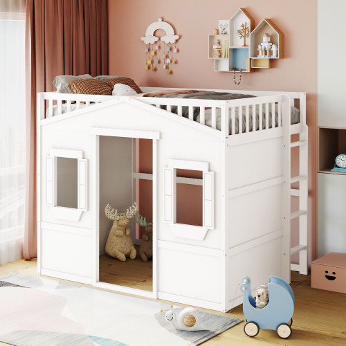Full Size House Loft Bed With Ladder-White - Solid Wood - Solid Wood