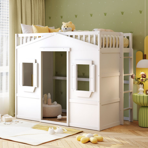 Twin Size House Loft Bed With Ladder-White - Solid Wood - Solid Wood