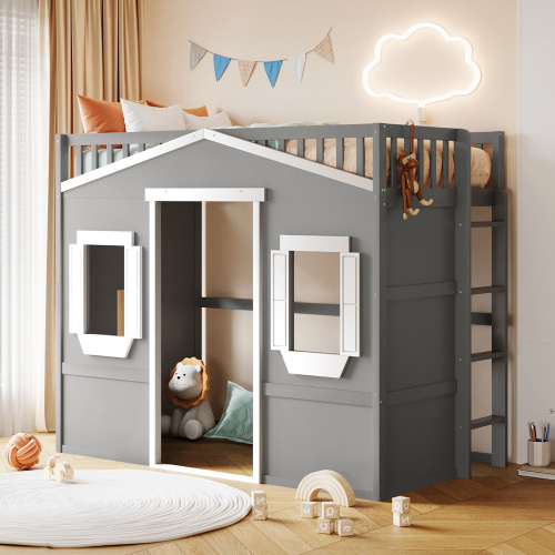 Twin Size House Loft Bed With Ladder-Gray+White Frame(OLD SKU:LT000335AAN) - White+gray - Solid Wood - Not Specified - Solid Wood - Not Specified