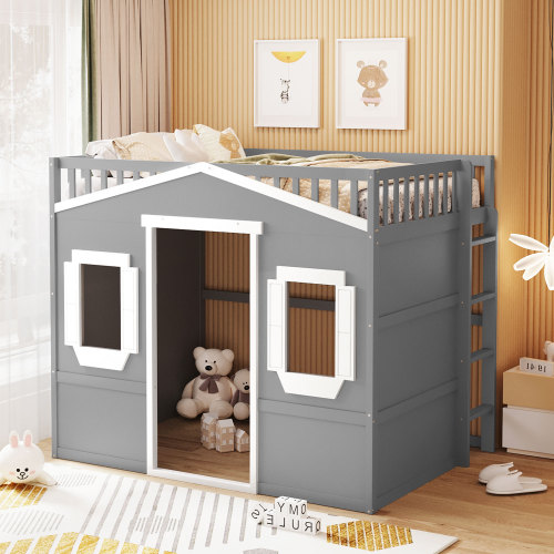 Full Size House Loft Bed With Ladder-Gray+White Frame(OLD SKU:LT000337AAN-1) - White+gray - Solid Wood - Not Specified - Solid Wood - Not Specified