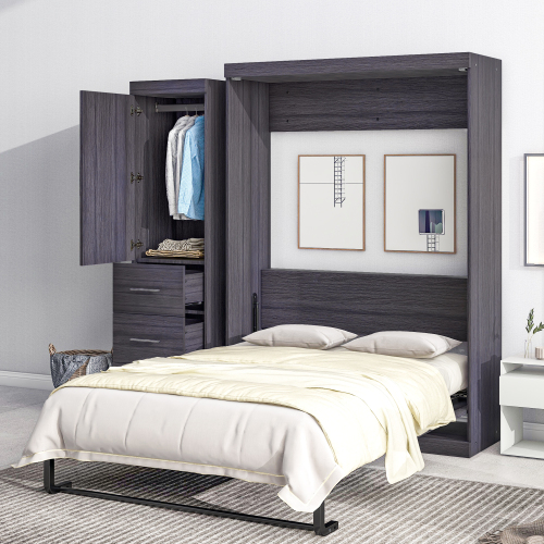 Full Size Murphy Bed with Wardrobe and Drawers, Storage Bed, can be Folded into a Cabinet, Gray - Pine