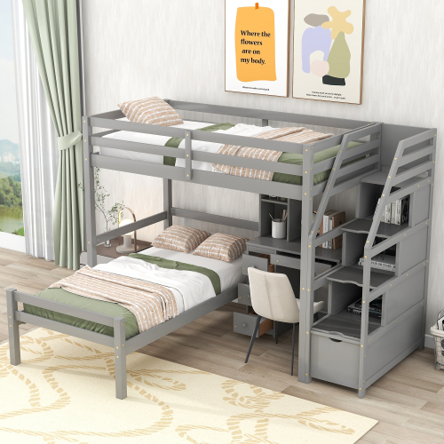 Twin Size Loft Bed with a Stand-alone Bed, Storage Staircase, Desk, Shelves and Drawers, Gray - Pine - Pine