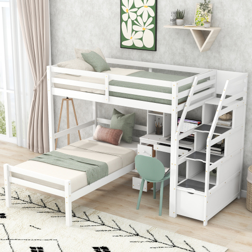 Twin Size Loft Bed with a Stand-alone Bed, Storage Staircase, Desk, Shelves and Drawers, White - Pine - Pine