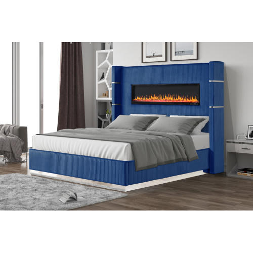 Upholstery Wooden King Bed with Ambient lighting in Blue Velvet Finish - Solid Wood+MDF - Modern - Bedroom - Not Specified - Box Spring Required
