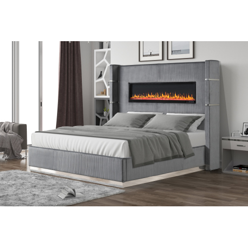 Upholstery Wooden Queen Bed with Ambient lighting in Gray Velvet Finish - Solid Wood+MDF - Modern - Bedroom - Slat Beds - Box Spring Required - Upholstered