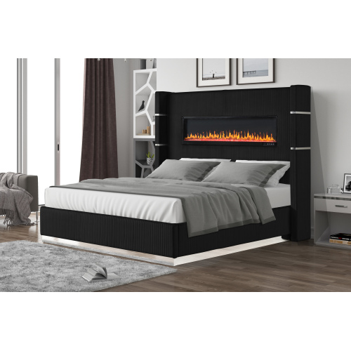 Lizelle Upholstery Wooden King Bed with Ambient lighting in Black Velvet Finish - Solid Wood+MDF - Modern - Bedroom - Slat Beds - Box Spring Required