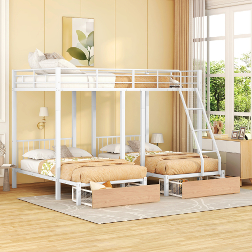 Full Over Twin & Twin Bunk Bed, Metal Triple Bunk Bed with Drawers and Guardrails, White - Metal & Wood - Metal & Wood